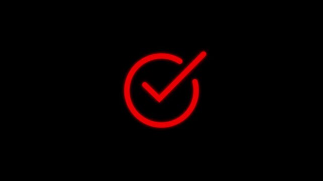 Red neon checkmark animation, success and approval symbol on black background, tick