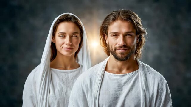 Jesus Christ in white robes with Mother Mary and cross light
