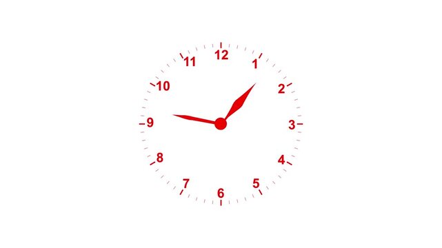 Minimalist red analog clock face spinning fast time lapse on white background, watch speed