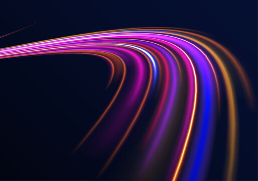 Electric light waves flow across a midnight road. Speed feels endless. Modern technology background.
