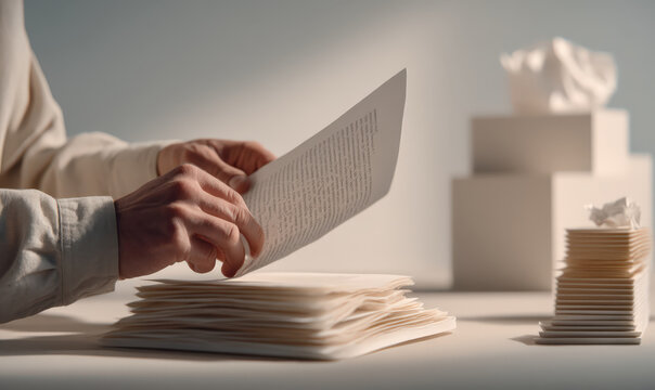 A close-up shot captures hands delicately sifting through a stack of papers on a minimalist desk, emphasizing focus and perhaps a touch of contemplation or meticulous organization.