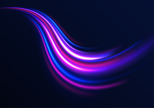 Glowing energy curves surround the urban highway. Neon colors shine brightly. Dynamic vector design.
