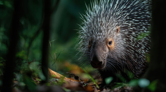 A porcupine with quills erect emerges from the dense foliage of a dimly lit forest, its gaze fixed and alert.