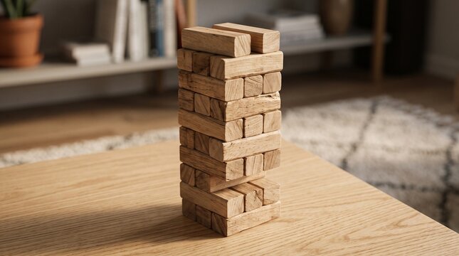 Wooden jenga tower on table in cozy living room setting