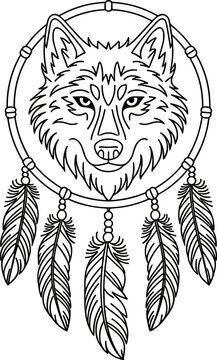 Wolf dreamcatcher line art illustration