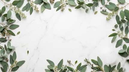 Fototapeta premium Eucalyptus Leaves Border on White Marble Surface Flat Lay
