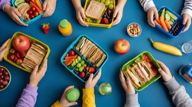 children sharing healthy school lunches with sandwiches, fresh fruit, vegetables and snacks in colorful lunch boxes on a blue table, top view during a school lunch break together at school