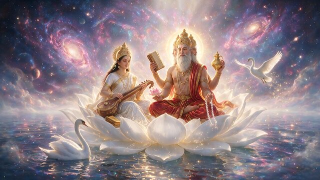 Lord Brahma and Goddess Saraswati Seated on a White Lotus in a Divine Cosmic Universe with Sacred Swans