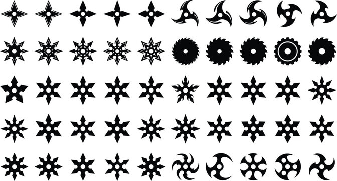 Shuriken Ninja Star Silhouette Vector Icon Set Featuring Assorted Throwing Weapons Saw Blades and Sharp Metal Geometric Blade Designs for Games and Graphics