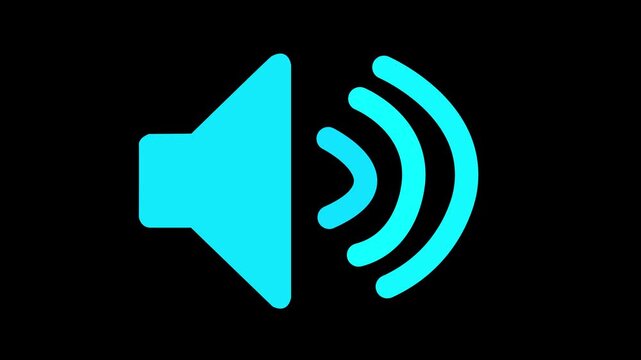 Cyan speaker animation with pulsing sound waves on black background, audio volume music