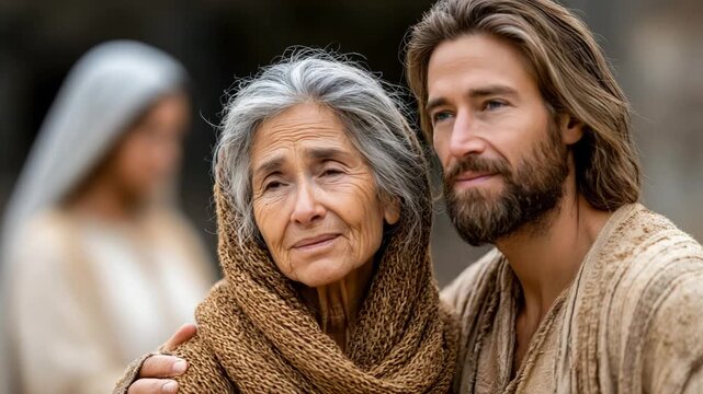 Jesus aids an elderly couple as Mother Mary shows compassion