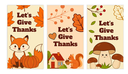 Naklejka premium Thanksgiving card set with fall animals and festive decorations