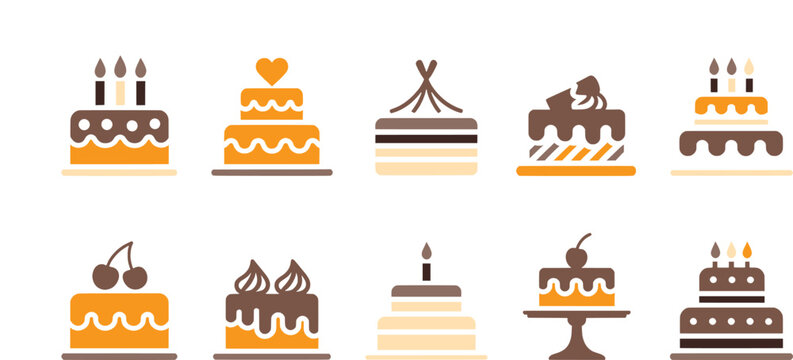 Set of colorful birthday cake icons for celebration and party design elements
