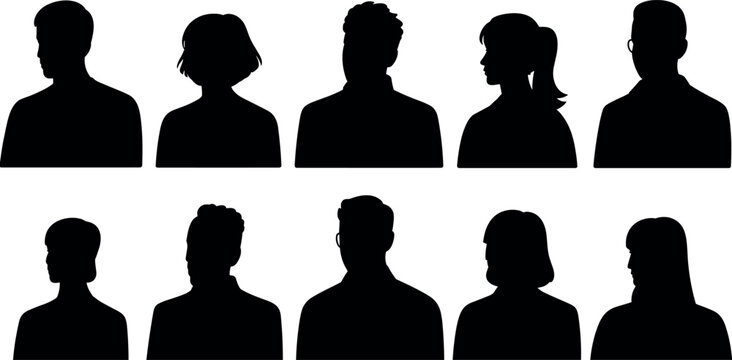 Collection of diverse people avatar silhouettes profile heads of men and women isolated on white background