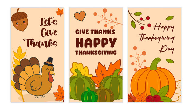 Thanksgiving card set with turkey pumpkins and autumn foliage illustrations