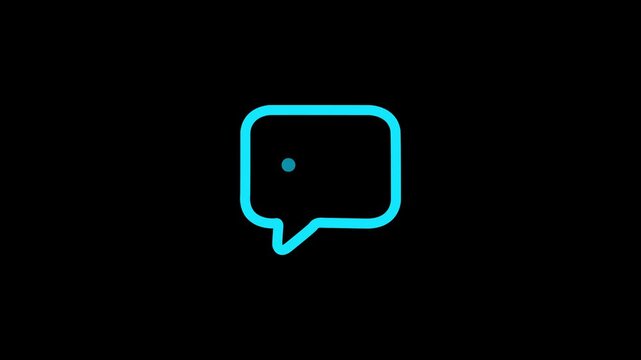 Neon blue chat bubble with animated typing dots on black background, communication messaging