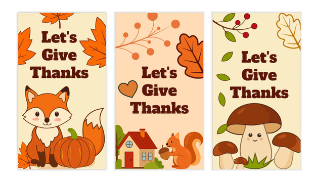 Thanksgiving card set with fall animals and festive decorations