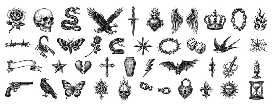 Vintage old school tattoo flash set, 40 black ink traditional tattoo icons, hand drawn gothic occult symbols and rockabilly vector illustrations