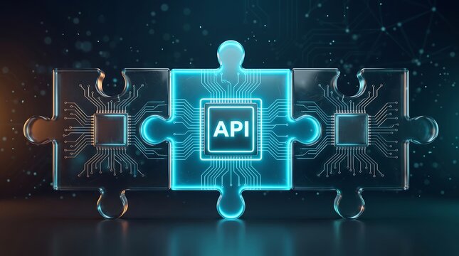 Api technology concept with glowing digital puzzle pieces and circuits