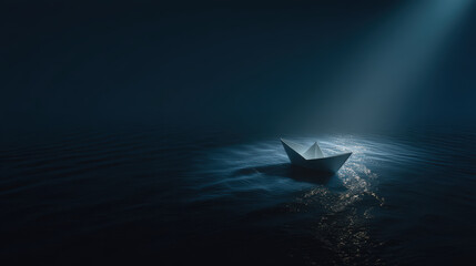 Naklejka premium A lone paper boat navigates the vast, dark ocean, illuminated by a solitary beam of light, evoking a sense of mystery and resilience.