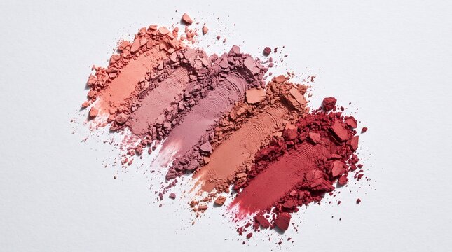 High-resolution macro flat lay of crushed cosmetic powders arranged in a diagonal sweep across a clean white matte background