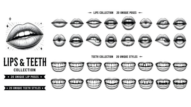 Vintage engraved lips and teeth collection, 20 unique lip poses and 20 teeth styles vector set, retro black and white mouth illustrations for design