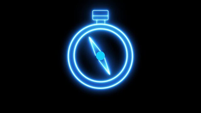 Glowing neon compass animation rotating on black background, for navigation and, travel concepts direction