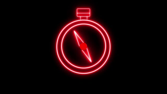 Glowing red neon compass animation on black background, for navigation and, direction concepts