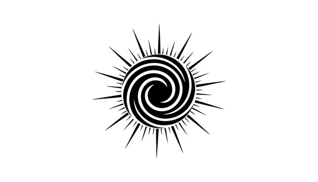 A minimalist spiral sun icon with rays in black and white
