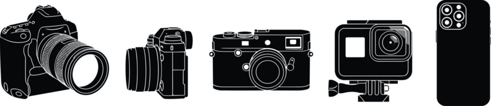 Photography Equipment Silhouette Vector Icon Set Featuring DSLR Mirrorless Vintage Film Action Camera and Smartphone for Media Creators and Videographers