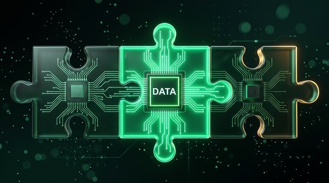 Glowing digital puzzle pieces with microchips for data integration