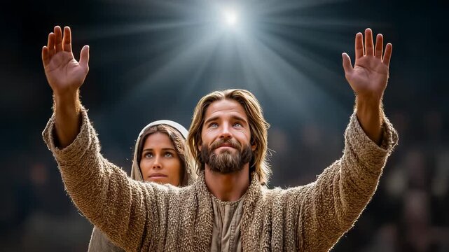 Jesus Christ victorious over darkness with Mother Mary