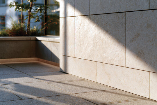 This image features a contemporary stone wall with a striking play of light and shadow, creating depth and enhancing the architectural features of the interior space.