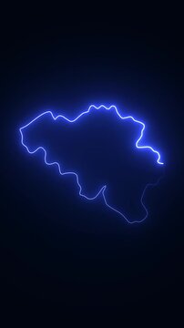 Glowing neon outline map of belgium, animated blue border on dark background