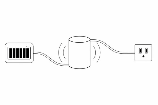 Minimalist Line Art Illustration of an Electric Power Connection with Battery Indicator, Cylinder Storage, and Wall Outlet Plug