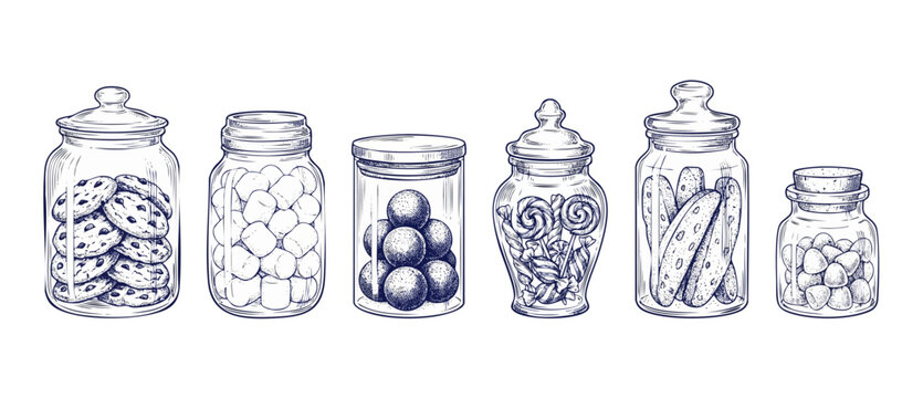 Cookie jar sketch vector illustration featuring glass sweet containers filled with chocolate chip cookies, marshmallows, candy, lollipops, biscotti, and jelly beans in a vintage hand drawn style.