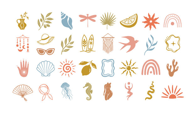 Naive boho summer coastal illustration set. Hand drawn Mediterranean beach symbols including shells, lemons, palms, rainbows, swallows, dragonflies and feminine spiritual icons for surf print apparel