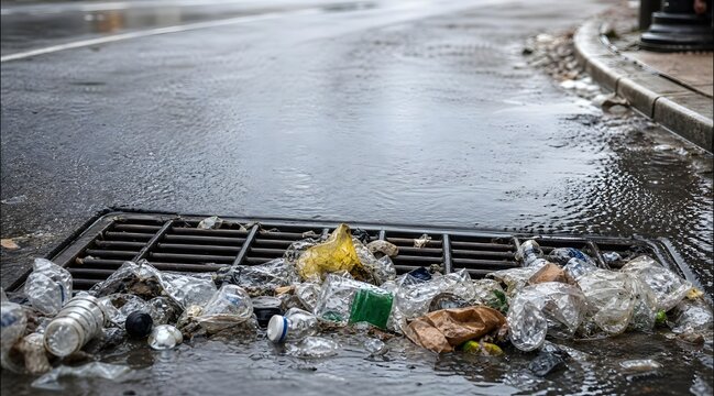 Plastic trash and litter clogging a city storm drain on a rainy day