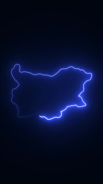 Glowing neon outline map of bulgaria, animated blue light border on dark background