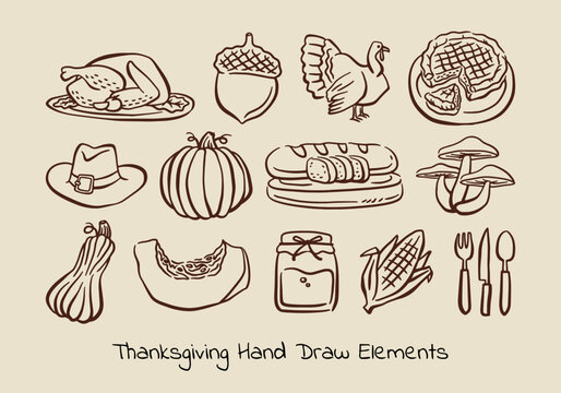 Autumn traditional food icon, thanksgiving day holiday table hand drawn doodle line illustration set. Harvest fall pumpkin, celebration turkey, dessert pie, November eatery design element. Autumn food