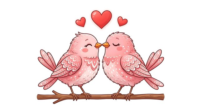 Two cute pink birds sharing a kiss on a branch with red hearts above kissing love romance