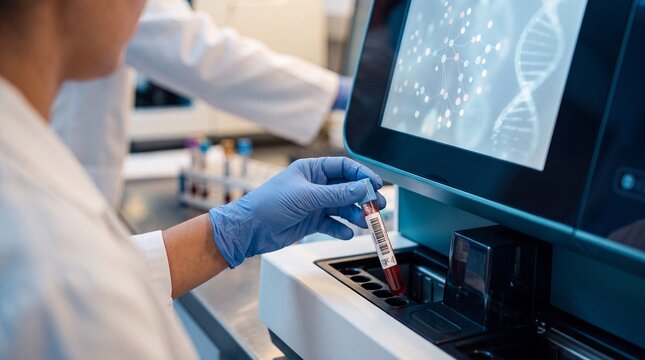 Gloved hand loading a labeled blood sample tube into an automated genomic analyzer glowing with biomarker data in a clinical lab, representing multi-cancer early detection screening technology concept