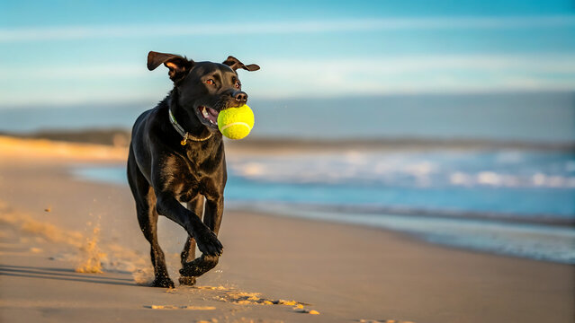 Black Labrador running on beach with ball. Happy dog playing fetch on sandy shore.