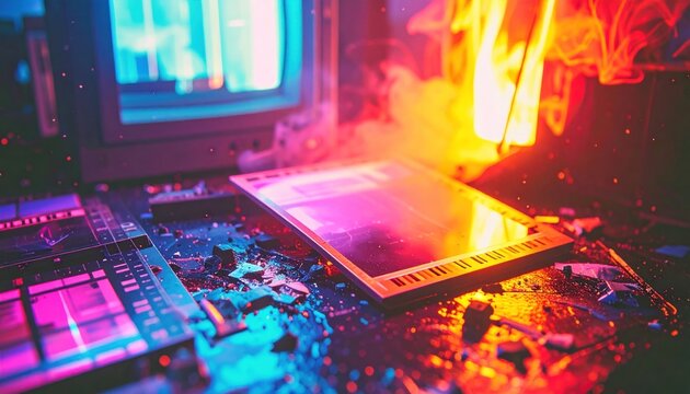 Abstract Cyberpunk Tech Failure with Glowing Neon Electronics and Shattered Hardware