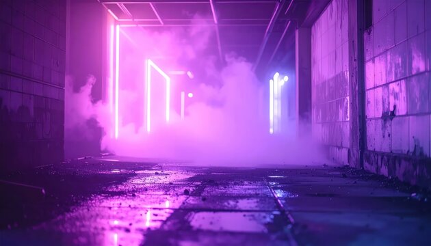 Abstract Cyberpunk Tunnel with Glowing Neon Lights and Fog