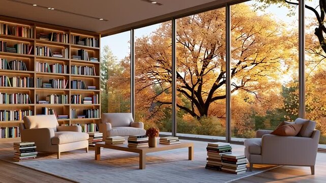 Cozy Living Room With Bookshelf And Large Windows Showing Autumn Trees, Warm Atmosphere