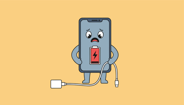 Cute cartoon smartphone character looking sad while holding a charger plug and displaying a red low battery indicator.