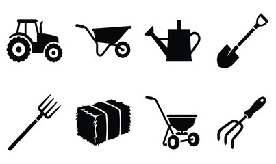 Farming and agriculture icons set with black vector silhouettes of machinery tools and equipment for rural infographic design elements © RATANCHANDRA