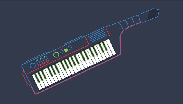 Futuristic electric keytar instrument is depicted in a modern retro neon line-art style against a solid dark grey background.