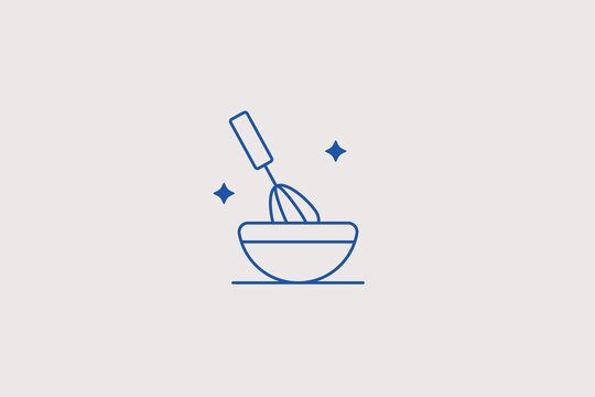 Balloon whisk in bowl line icon for bakery shop. Vector illustration for cooking academy, pastry school, culinary masterclass.
